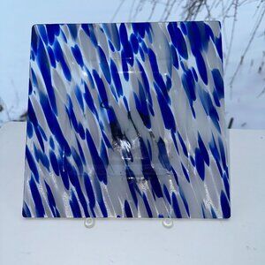 #9321 FUSED GLASS SQUARE 9” PLATE BLUE & WHITE